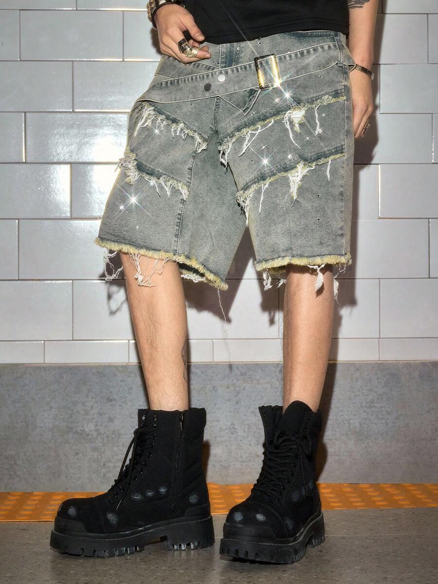 ROMWE MEN Street Life Men's Casual Frayed Hem Denim Shorts - Grey - View 1