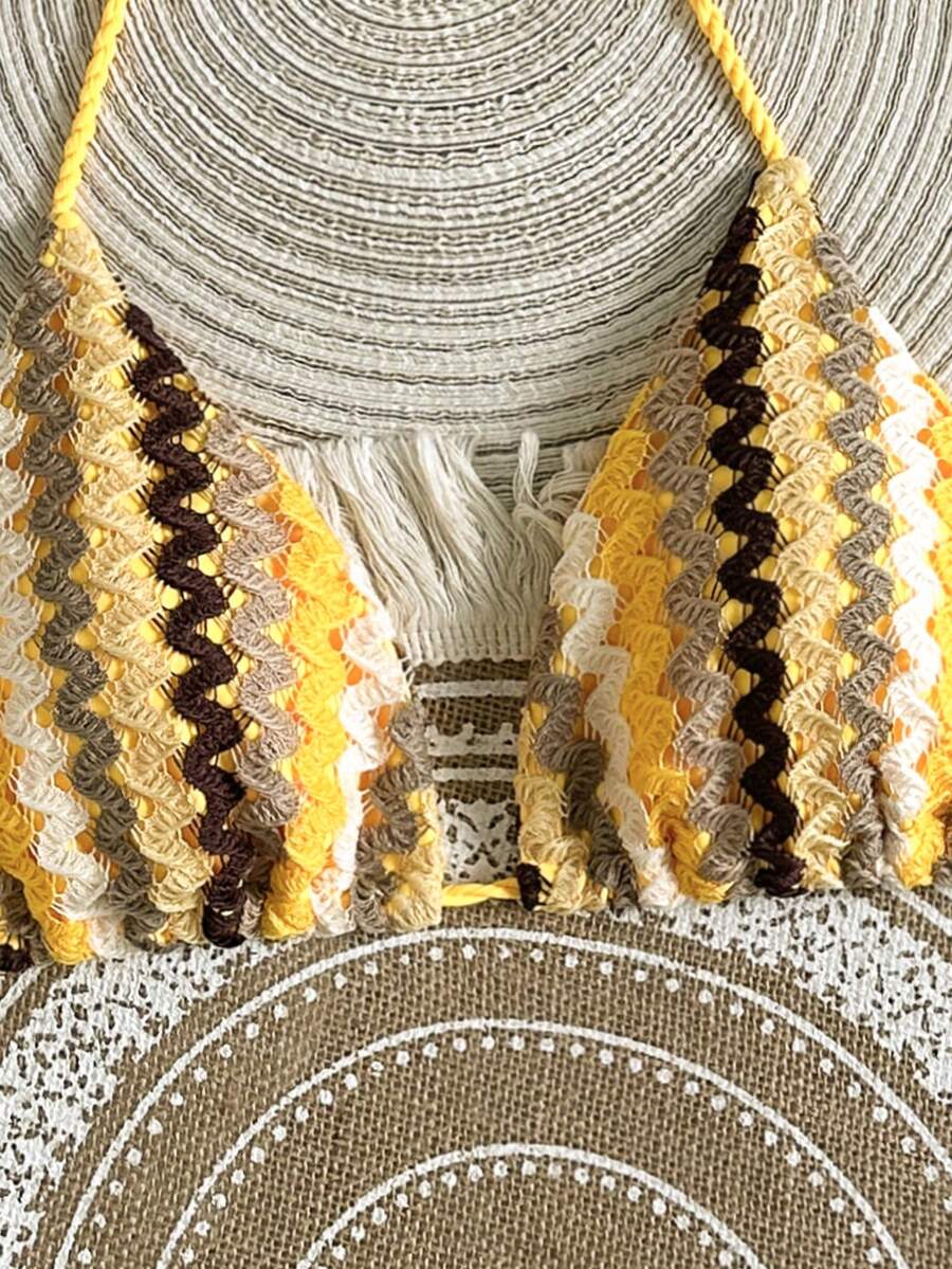 Swim Vcay Crochet Knitted Rope Halter Neck Beach Vacation Top Boho Summer Tops Crochet Tops - Yellow - View 1