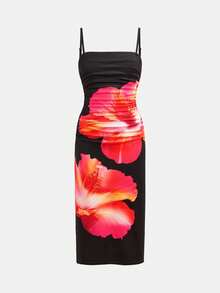 少女休闲度假热带花卉印花修身吊带裙 - 黑色 - 查看 3