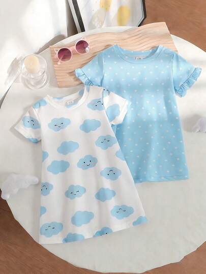 2pcs/Set Baby Girls' Mid-Length Ruffle Hem Short Sleeve Dress, Blue & White Cloud Heart All-Over Print, Sweet Casual Comfortable Loose Fit Loungewear