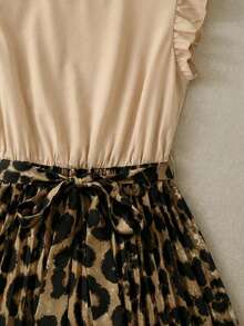 SHEIN Franclia Women's Summer Leopard Print Patchwork Ruched Waist Dress - Yellow - View 3