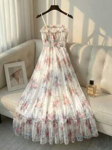 Franclia 女士浅杏色荷叶边针织吊带裙，适合拍照、订婚、宴会、晚宴、节日派对、单身派对、约会、舞会、春季露营花园等活动，长款飘逸连衣裙 - 杏色 - 查看 2