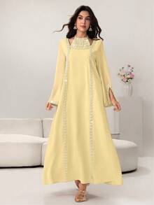 Yasmyna Vestido con cuello de corbata de encaje floral elegante, manga acampanada, primavera/verano - Amarillo - Ver 8