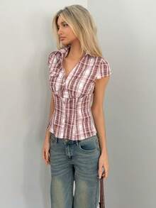 Sydney Algeri Blue Plaid Cap Sleeve Fitted Shirt For Women - Brown - View 6