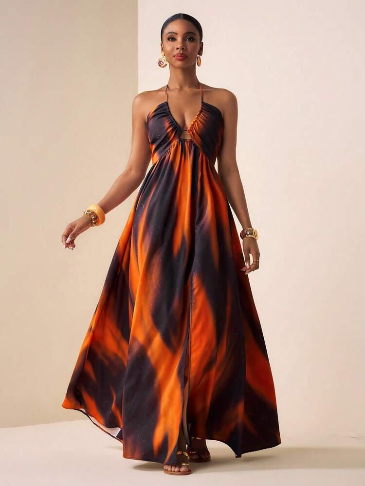orange and brown maxi dress Zivah Dark Summer Boho Holiday Vacation A-Line Dress, Deep V-Neck Halter Cutout Front Open Back Slit Tie Dye Gradient Wedding Party Nashville Midi dress CROPPED-TOP Long Mermaid Spaghetti Strap Color:Solid Black Either way