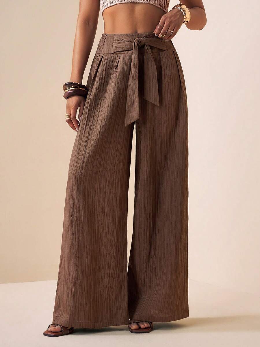Zivah 2026春夏新款婚礼季、音乐节、复活节、西部风、游牧风、波西米亚风、纳什维尔风格腰带褶裥阔腿裤，带真口袋，竖纹面料，春夏通勤休闲，优雅度假风，休闲长裤 - 咖啡棕 - 查看 1