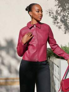 Yess Loren 秋冬女士纯色简约翻领长袖拉链红色 PU 皮夹克 - 酒紅色 - 查看 4