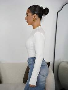 SAYEHFBABY Solid Color Round Neck Drop Shoulder Long Sleeve Fitted Casual Ribbed Knit Bodysuit - White - View 4