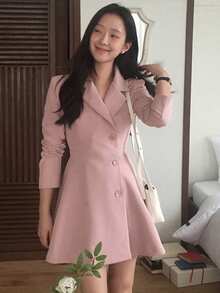 DAZY Lapel Single-Breasted Cinched Waist Long Sleeve Dress For Women - Baby Pink - View 3