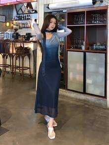 Women's Oblique Shoulder Flounce Long Sleeve Cinched Waist Gradient Elastic Bodycon Dress - Blue - View 5