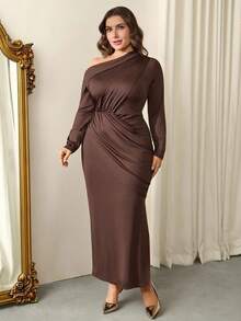 Firerie Plus Size Women's Chocolate Brown Asymmetrical Hem Ruffle Shoulder Long Sleeve Dress,Elegant Formal Fit & Flare Ruched One Shoulder Autumn Dress - Brown - View 7