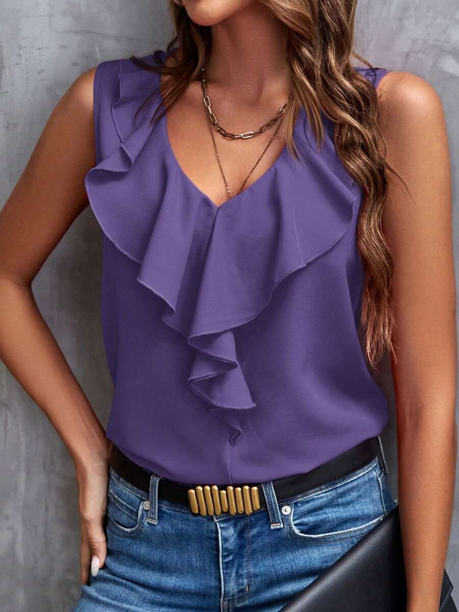SHEIN Clasi Women's Casual Sleeveless Solid Color Ruffle Hem Blouse, Summer,Summer Top - Purple - View 1