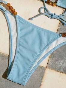 Swim Vcay Women's Elegant Halter Neck Backless Tie Waist Pearl Decor Swimwear Set - Blue - View 7