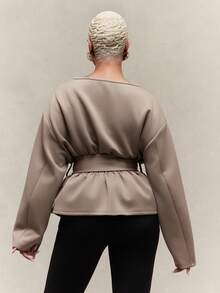 Vixey Women's Solid Drop Shoulder Pleated Peplum Belted Cocoon Sleeve Top - Brown - View 2