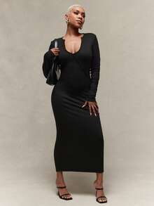 Vixey Brushed Jersey Open Neckline Long Sleeve Midi Dress - Black - View 3