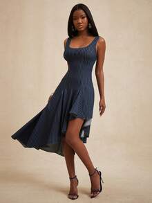 NYA SZN 女士条纹荷叶边不对称下摆优雅收腰牛仔派对连衣裙 - 深色水洗藍 - 查看 3