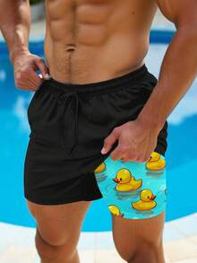 Manfinity RSRT Men's Drawstring Waist Beach Shorts With Cartoon Duck Print Lining, Vacation Style - Black - View 1