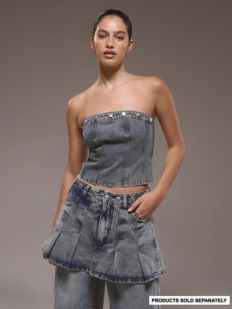 MUSERA 纽扣细节抹胸收腰牛仔上衣，冬季可爱街头风外出休闲西部风褪色款 - 藍色 - 查看 1