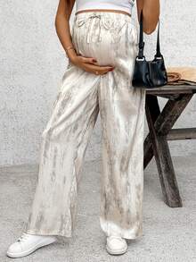 SHEIN Maternity Casual Drawstring Waist Loose Allover Print Pants - Black and White - View 8