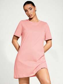 SHEIN BASICS 休闲纯色短袖连衣裙，夏季 - 藕粉色 - 查看 5