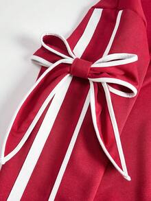 2pcs/Set Tween Girls Red And White Striped Wide Leg Pants Set,Cute School Autumn Petal Sleeve Bow Top,Loose Casual Stylish Colorblock Gathering Outfit - Burgundy - View 4