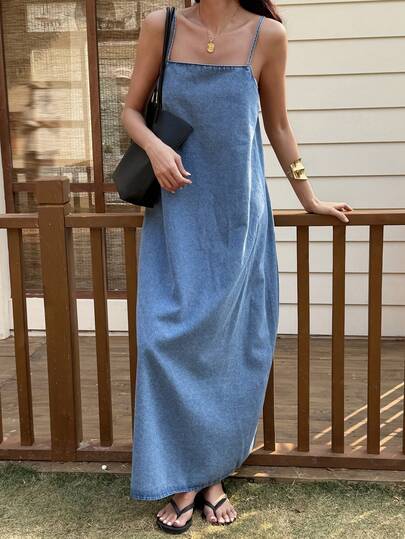 Livesso Women's Loose Solid Color Sleeveless Casual Cotton Denim Dress, Blue