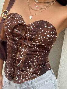 Aidyla 女士梭织数码印花抽绳系带吊带背心，休闲通勤装，春夏款 - 棕色 - 查看 7