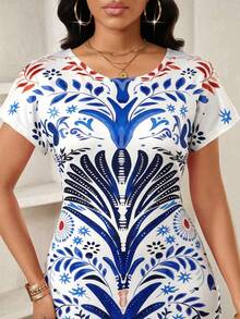 SHEIN Lady 女士度假植物印花圆领短袖休闲连衣裙 - 彩色 - 查看 6