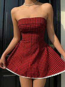 Aloruh 女士性感复古红白格子印花褶皱腰身度假迷你连衣裙 - 紅色和黑色 - 查看 6