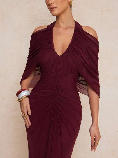 Lumalex Spring/Summer Modest Old Money Glitter Holiday Party Mesh V-Neck Ruched Decor Fitted Cold Shoulder Bodycon Dress For Women ,Wedding Guest Dress,Perfect For Summer, Spring-Break Trips, Cruises, Beach Weekends, Vacations, Parties, Date Nights, Weddings, Proms, Banquets, Birthdays, Carnivals, Festivals (Including Al-Adha), And Other Holiday Events. Showcases Romantic Valentine Vibes, Neo-Girly Charm, Boho-Casual Flair, Quiet Luxury, Business Chic, And Relaxed Vacay Elegance.Ruffle-Hem Bodycon Long-Sleeve Dress: A Richly Layered, Glitter-Accented Style For Luxury Proms, Receptions, Banquets, Weddings, Raves, Festivals, Holiday Gatherings, And Outdoor Evening Occasions-Ideal Whenever You Need A Sophisticated Yet Striking Party Look