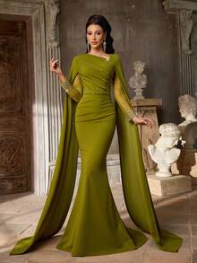 Aureia 优雅简约针织弹力缎面长袖喇叭袖褶裥设计收腰褶裥裹身裙不对称肩部飘逸风格女士晚礼服、正式礼服、鸡尾酒礼服 - 綠色 - 查看 1