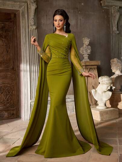 Aureia Elegant Minimalist Knit Elastic Satin Long Sleeve Flared Sleeve Pleated Design Waist Cinching Pleated Wrap Skirt Asymmetric Shoulder Flowy Style Women Evening Gown, Formal Dress, Cocktail Dress