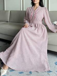 Plus Vestido largo elegante con pliegue bordado, cintura ceñida y mangas farol para mujer de talla grande, color rosa, vestido de verano bohemio para vacaciones - Rosa Pálido - Ver 3