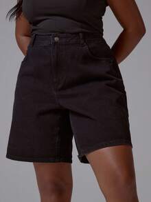 MUSERA Plus Size Mid Rise Relaxed Fit Black Longline Denim Jorts Spring Summer Elegant Cute Vacation Casual Everyday Core Denim - Black - View 1