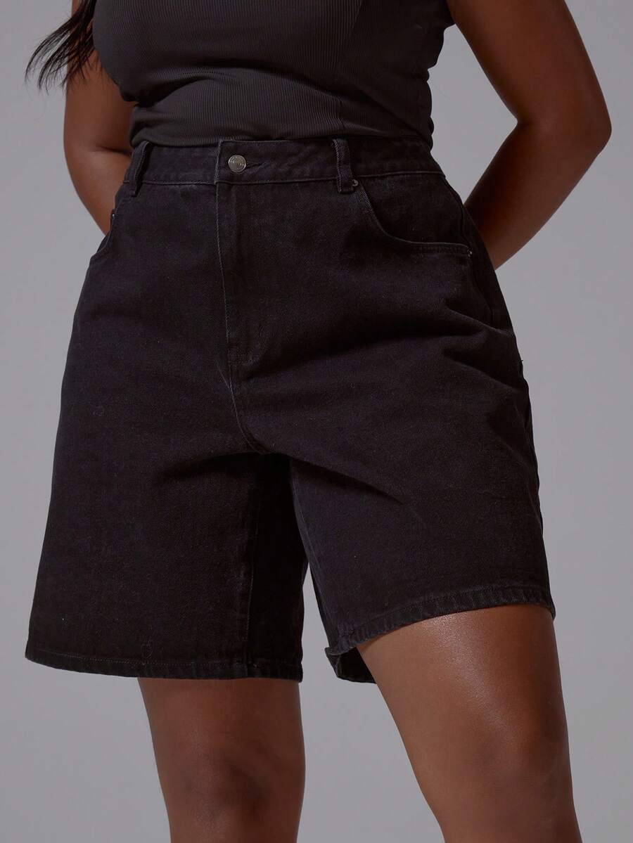 MUSERA Plus Size Mid Rise Relaxed Fit Black Longline Denim Jorts Spring Summer Elegant Cute Vacation Casual Everyday Core Denim - Black - View 1
