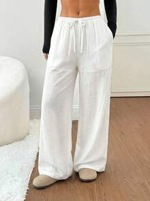 SHEIN PETITE Women's Black Solid Color Linen Low-Waist Straight-Leg Casual Pants, Suitable For Short Stature, Summer & Autumn - White - View 4