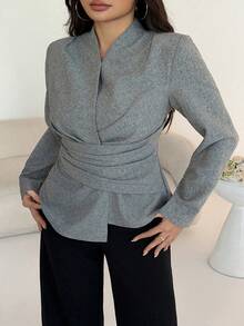 Modelyn 大码女式灰色长袖收腰A字褶皱优雅衬衫 - 灰色 - 查看 3