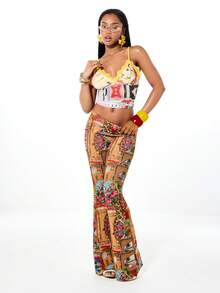 SUMWON WOMEN Quần ống loe cạp thấp bằng vải lưới in họa tiết lấy cảm hứng từ phong cách cổ điển, kết hợp họa tiết nhiệt đới và da báo, thích hợp cho thời trang hè thường ngày. - Nhiều màu - Xem 3