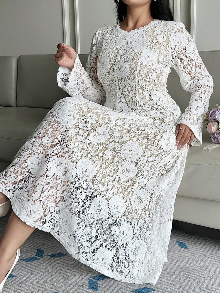 Dazy Plus Plus Size Women Elegant Floral Embroidered Lace Trim Flare Sleeve Waist Cinched Party Dress, White, Spring/Summer Sundress
