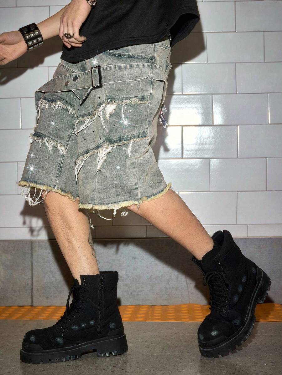 ROMWE MEN Street Life Men's Casual Frayed Hem Denim Shorts - Grey - View 1