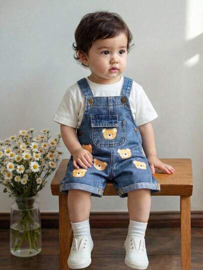 LMoss Kids Pantalones cortos de peto vaqueros con estampado de oso de dibujos animados lindos para bebé niño, uso casual diario, verano