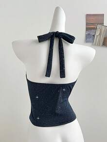 Elamini Women's Halter Neck Glitter Strap Camisole, Sexy Chic Style - Navy Blue - View 2