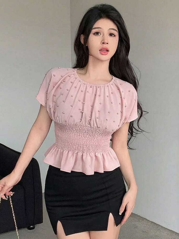 Spring/Summer Pink Top With Pearl Decor All-Over Shiny Print, Fashionable For Valentine's Day, Wedding, Party, Formal Occasion, Fitted Elegant Office Wear With Ruffle Splice Short Sleeve Blouse For Women