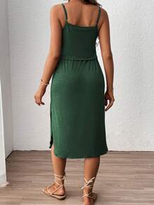 SHEIN Maternity Solid Color Waist Tie Casual Nursing Function Camisole Dress - Army Green - View 2