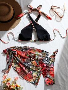 Swim Vcay Ensemble bikini 3 pièces pour femmes, comprenant un bikini à imprimé floral léopard sexy et ajouré, une jupe cache-maillot assortie et des accessoires de bijouterie, idéal pour les vacances à la plage en été - Multicolore - Voir 2