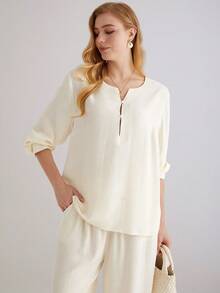 Parysyn Bộ đồ đơn giản bằng vải cotton và lanh dệt kim cỡ lớn dành cho nữ. - Màu be - Xem 8