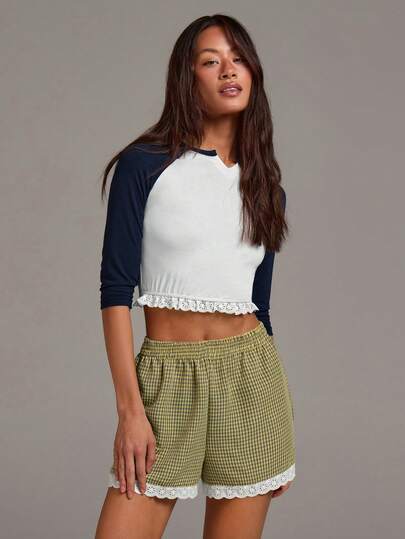 Athîral Women's Casual 7/8 Sleeve Patchwork Top And Plaid Shorts 2 Pieces Set