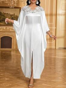 SHEIN Lady Women's Floral Contrast Lace Batwing Sleeve Elegant Dress - White - View 1