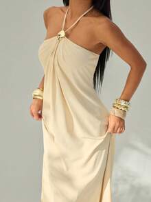 SHEIN PETITE Đầm dài hở lưng xếp ly màu sâm panh mới, kiểu dáng đơn giản, cổ yếm, trang trí quả cầu kim loại, dáng rộng, tôn dáng, phong cách Boho dành cho nữ. - Màu vàng ngỗng - Xem 7