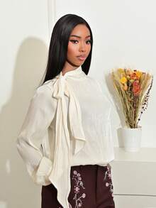 Mima John Women's High Neck Long Sleeve Tie Cuff Elegant Chic Commuter Blouse With Bowknot - Apricot - View 3